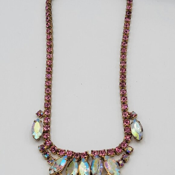 Vintage Pink and Aurora Borealis Rhinestone Choker Necklace - Picture 8 of 9